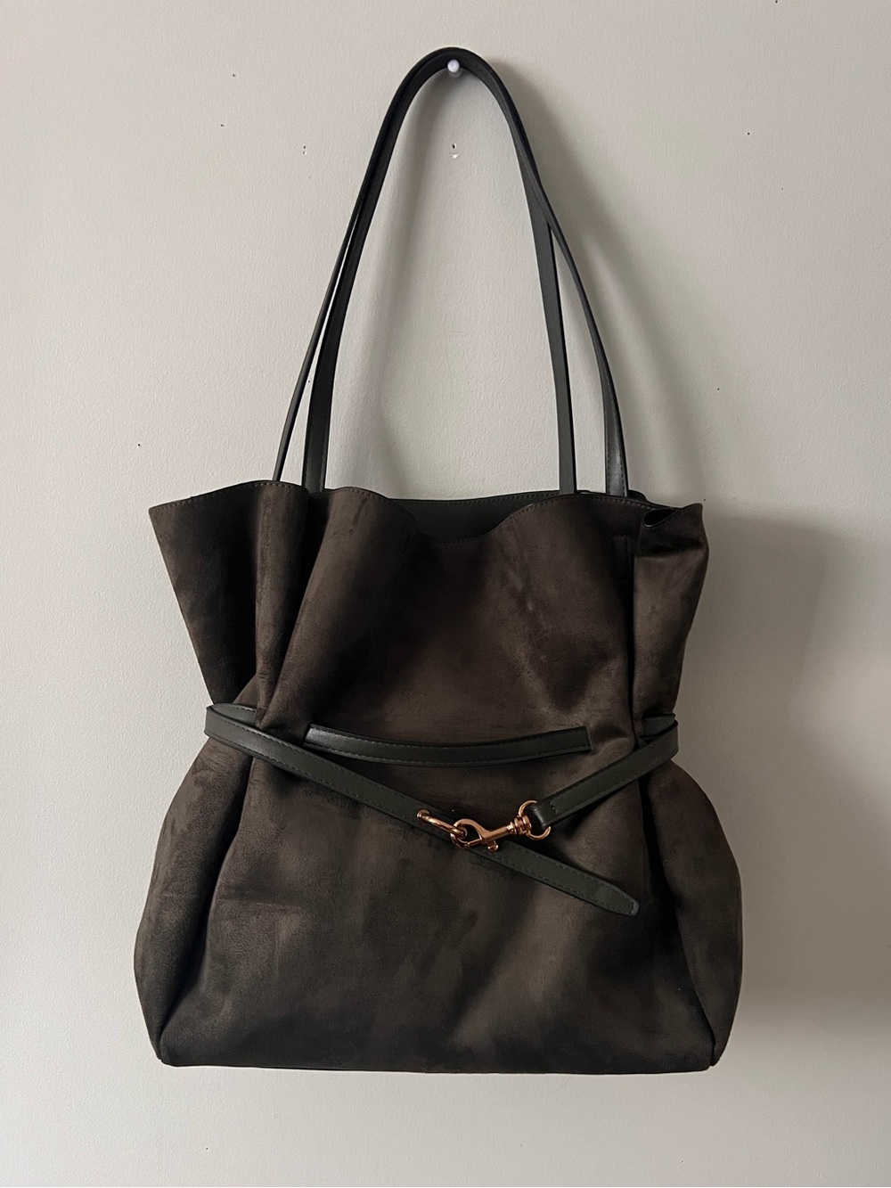 Brand New H&M Olive Suede Tote Bag with Leather Straps